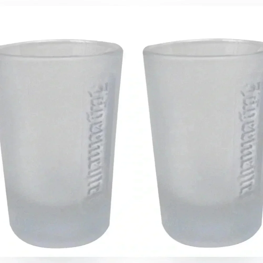 Vintage Jagermeister 2CL Embossed Frosted Jager Logo Deer Shot Glass X 2 EUC